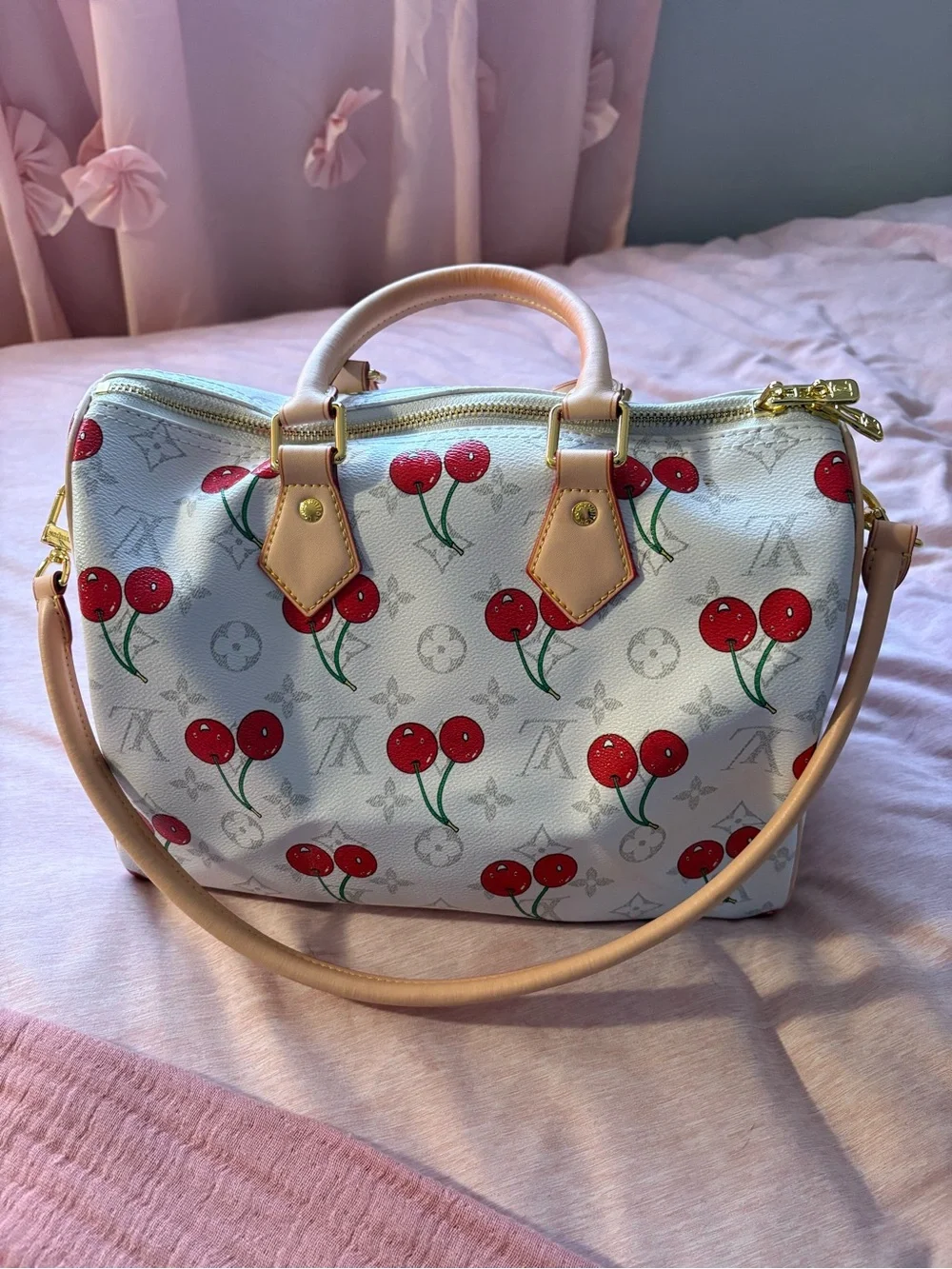 Speedy White Cherry Print Monogram Top-Handle Bag